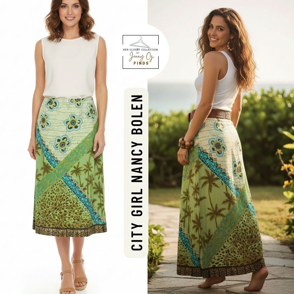 VTG  City Girl Nancy Bolen 100% Silk Midi Skirt Palm Prints NWT Size 8